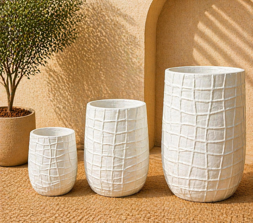 Textured Ribbed Concrete Planter Set – Natural Beige Finish (3 Sizes)