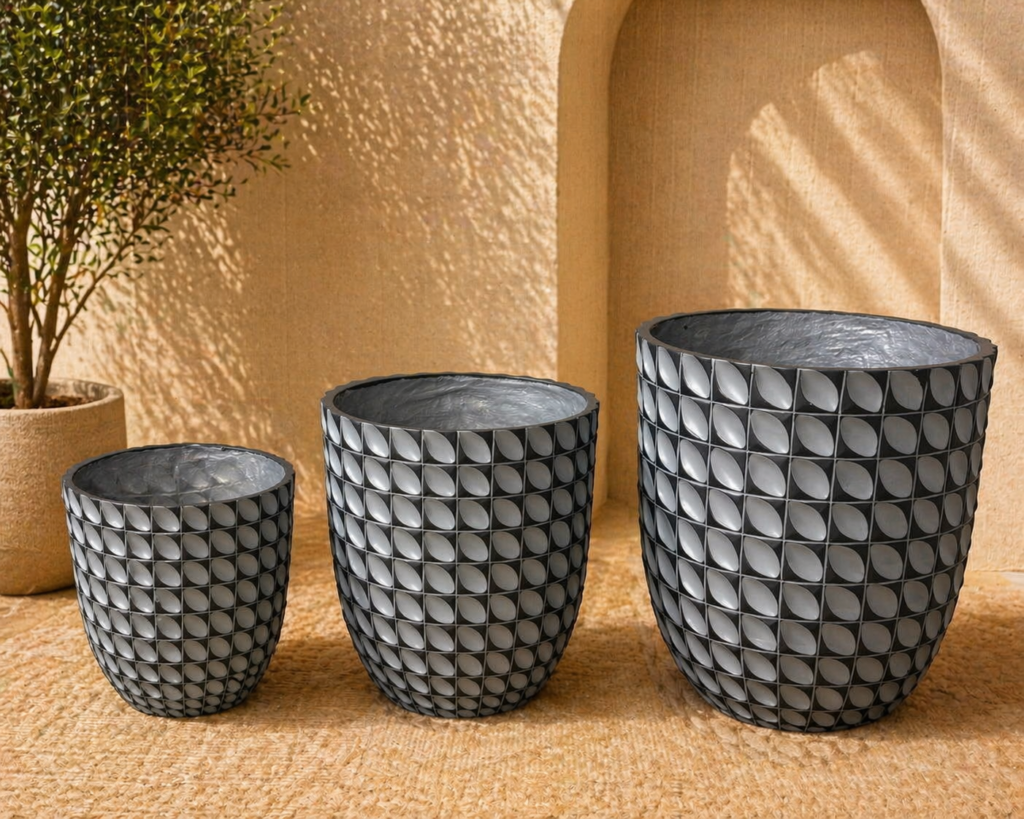 Layered Band Concrete Planter Set – Dark Grey Finish (3 Sizes)