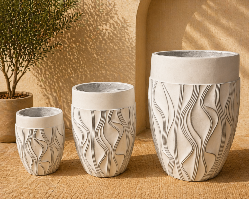 Soft Fluted Decorative Concrete Planter Set – White Finish (3 Sizes)