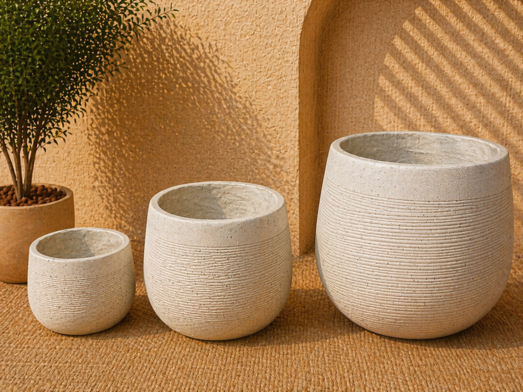 Ribbed Concrete Planter Set – Natural Finish (3 Sizes)