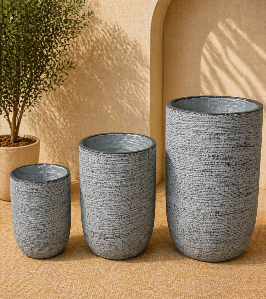 Rounded Groove Concrete Planter Set – Grey Finish (3 Sizes)